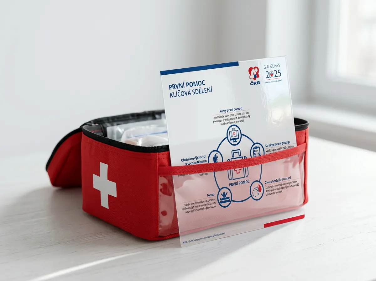 Zalaminované postupy první pomoci dle Guidelines 2025 zastrčené v lékárničce